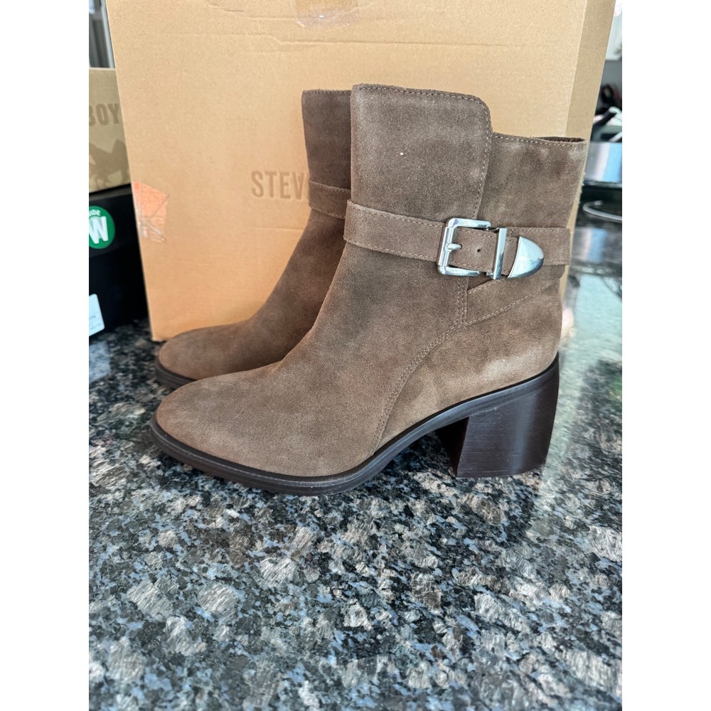 Steve Madden Malenia Brown Suede Ankle Boots Western Buckle Block Heel Womens 10